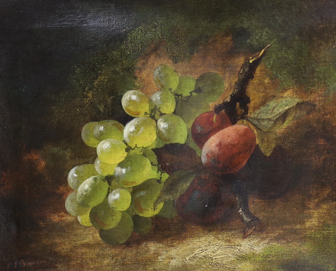 G.J.Broome (fl.1867-1873), oil on canvas, Still life of grapes and plums, signed, 24 x 29cm